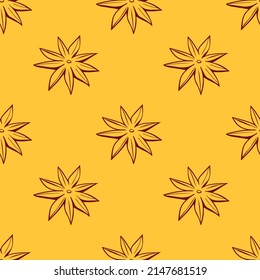 Vector seamless pattern of outline star anise in doodle style, isolated. Cooking background or texture with spice, ingredient, component for hot drinks, mulled wine and food