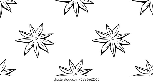 Vector seamless pattern of outline star anise in doodle style, isolated. Cooking background or texture with spice, ingredient, component for hot drinks, mulled wine and food