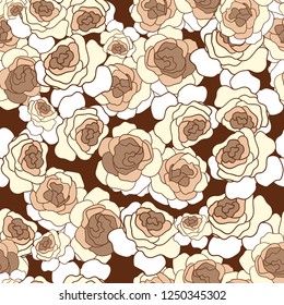 Vector seamless pattern with outline stylized coffee vanilla roses flowers on a brown background.Use for textile, book covers, packaging, wedding invitation,prints,smartphone cases,covers etc.