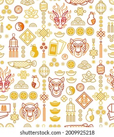 Vector seamless pattern with outline symbols of the Tiger Zodiac sign, Symbol of 2022 on the Chinese Lunar calendar. Chinese design, gold, red elements on white background. Chinese translation: Tiger