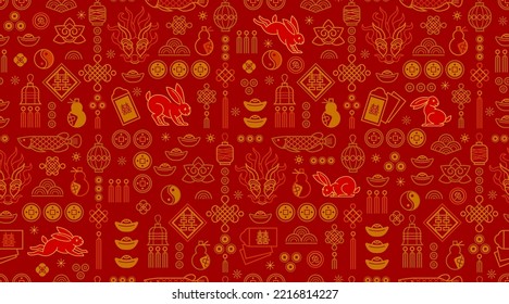 Vector seamless pattern with outline symbols of the Rabbit Zodiac sign, Symbol of 2023 on the Chinese Lunar calendar. Line art China design, gold elements. Chinese illustration.China translate: Rabbit