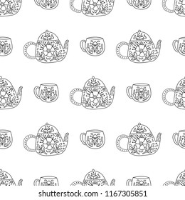 Vector seamless pattern with outline teapots and cups decorated with flowers and leaves. 
