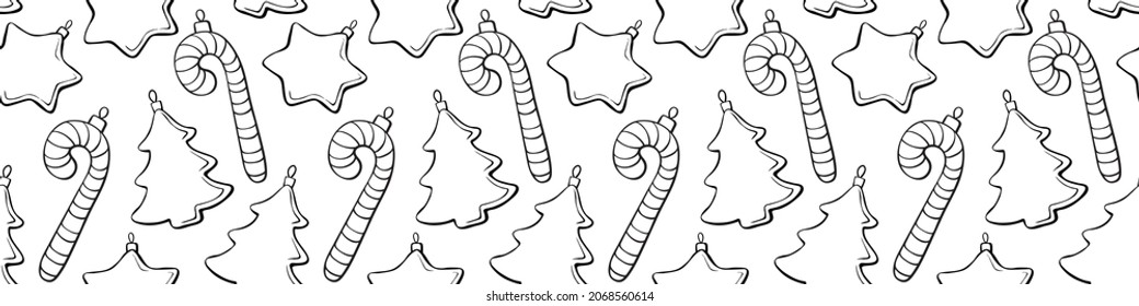 Vector seamless pattern with outline toys, candy cane, stars, decorations, xmas tree, in doodle style. Festive backgrounds and textures for Merry Christmas and happy New Year