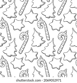 Vector seamless pattern with outline toys, candy cane, stars, decorations, xmas tree, in doodle style. Festive backgrounds and textures for Merry Christmas and happy New Year