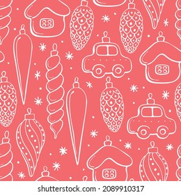 Vector seamless pattern with outline toys, balls, decorations for xmas tree and snowflakes. Christmas and New Year backgrounds and textures