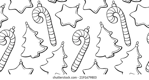 Vector seamless pattern with outline toys, candy cane, stars, decorations, xmas tree, in doodle style. Festive backgrounds and textures for Merry Christmas and happy New Year