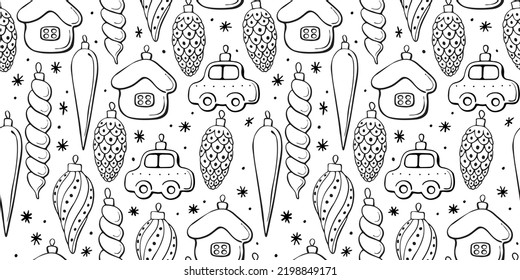 Vector seamless pattern with outline toys, balls, decorations for xmas tree and snowflakes. Christmas and New Year backgrounds and textures