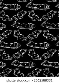 Padrão de vetor sem emenda com tubos de contorno de tinta acrílica e óleo. Textura com giz de contorno desenhado pasta de dente com hachura sobre fundo preto. Papel de parede com ferramentas artísticas de arte em linha