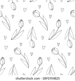 Vector seamless pattern with outline tulip flowers and hearts. Hand drawn doodle spring texture, background. For wrapping paper, coloring page, mother's or women's or Valentine's Day