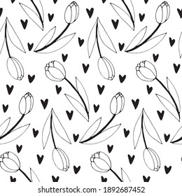 Vector seamless pattern with outline tulip flowers and hearts. Hand drawn doodle spring texture, background. For wrapping paper, coloring page, mother's or women's or Valentine's Day