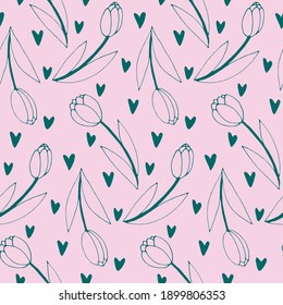 Vector seamless pattern with outline tulip flowers and hearts. Hand drawn doodle spring texture, background. For wrapping paper, textile, mother's or women's or Valentine's Day