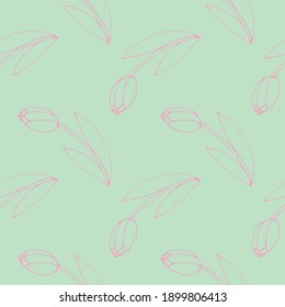 Vector seamless pattern with outline tulip flowers. Hand drawn doodle spring texture, background. For wrapping paper, textile, mother's or women's or Valentine's Day