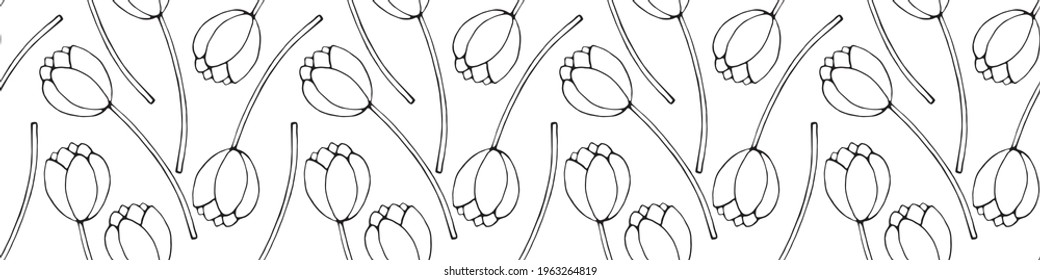 Vector seamless pattern with outline tulip flowers. Hand drawn doodle spring texture, background. For wrapping paper, coloring page, mother's or women's or Valentine's Day