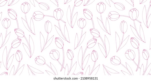 Vector seamless pattern with outline tulip flowers. Hand drawn doodle spring texture, background. For wrapping paper, textile, mother's or women's or Valentine's Day
