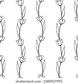 Vector seamless pattern with outline tulip flowers. Hand drawn doodle spring texture, background. For wrapping paper, textile, greeting card, wedding, birthday, mother's or women's or Valentine's Day