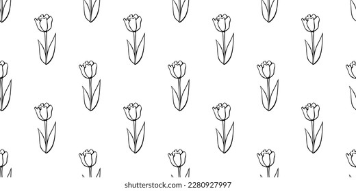 Vector seamless pattern with outline tulip flowers. Hand drawn doodle cute texture, backdrop for wrapping paper, coloring. Topic of spring, blooming nature, holidays design