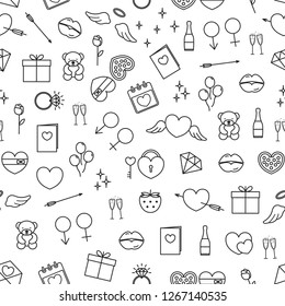 Vector seamless pattern with outline valentine day symbols. 