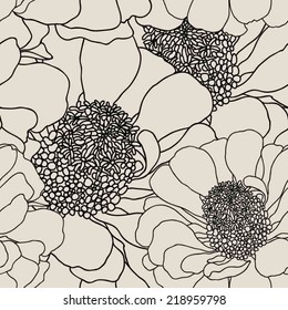 vector seamless pattern with outline zinnia flowers on beige background