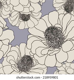 vector seamless pattern with outline zinnia flowers on blue background