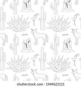 Vector seamless pattern with outlined desert landscape: coyote, cacti, agave, rocks. Black and white. For prints, backgrounds, wrapping paper, textile, wallpaper, etc.