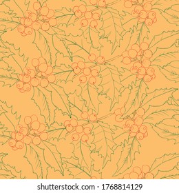 Vector seamless pattern with outlined holly branches. Can be used for wallpaper, pattern fills, surface textures, and fabric prints.