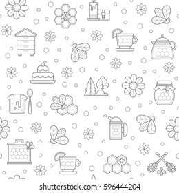 Vector seamless pattern with outlined honey and beekeeping signs. Could be used for honey package, banner, wrapping.