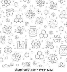 Vector seamless pattern with outlined honey and beekeeping signs. Could be used for honey package, banner, wrapping.