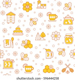 Vector seamless pattern with outlined honey and beekeeping signs. Could be used for honey package, banner, wrapping.