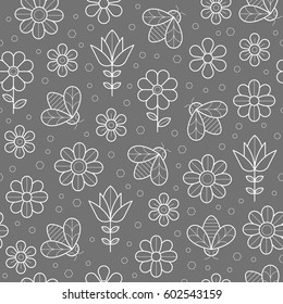 Vector seamless pattern with outlined honey bees and flowers. Could be used for package, banner and wrapping.
