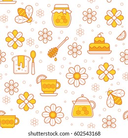 Vector seamless pattern with outlined honey tea and dessert signs. Could be used for honey package, banner, wrapping.