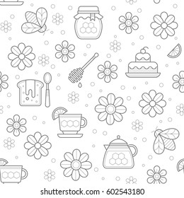 Vector seamless pattern with outlined honey tea and dessert signs. Could be used for honey package, banner, wrapping.
