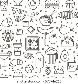 Vector seamless pattern with outlined iconic illustration of restaurant and fast food like coffee, pizza, wafer, burger, ice cream and Chinese plates. Black and white line art.