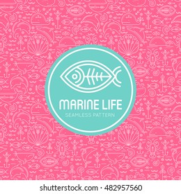 Vector seamless pattern with outlined sea animals signs. Pink and white color palette, sea green round badge with fish. Minimalistic design for business