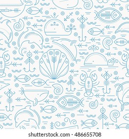 Vector seamless pattern with outlined sea animals signs. Blue and white color palette. Minimalistic design for business