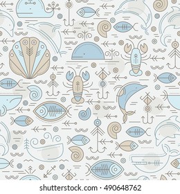 Vector seamless pattern with outlined sea animals signs. Pastel tints of blue and tan on a white background. Minimalistic design for business