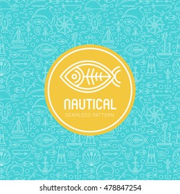 Vector seamless pattern with outlined seafaring and nautical signs. Blue and white color palette, yellow round badge with fish. Minimalistic design layout for business