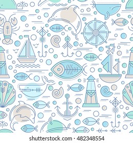 Vector seamless pattern with outlined seafaring and nautical signs. Pastel tints of blue, turquoise and tan on a white background. Minimalistic design for business