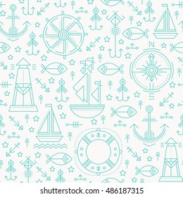 Vector seamless pattern with outlined seafaring and nautical signs. Blue and white color palette. Minimalistic design for business