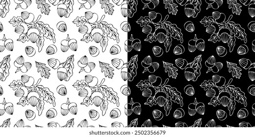 Vector seamless pattern with outlines of acorns in doodle style. Line art autumn background. Thanksgiving design. Concept of forest, leaf fall, nature.