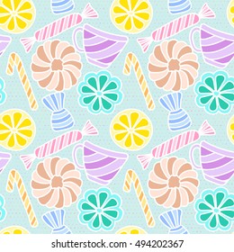 Vector seamless pattern with outlines of candies, cookies and lemons on a aquamarine dotted background. Vector eps 10.