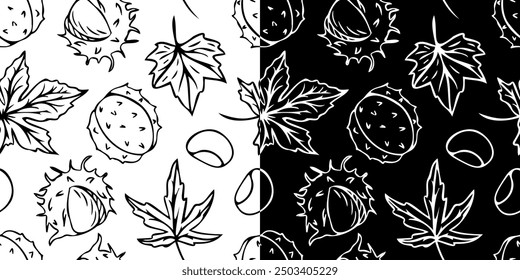 Vector seamless pattern with outlines of chestnuts in doodle style. Line art autumn background. Thanksgiving design. Concept of forest, leaf fall, nature.