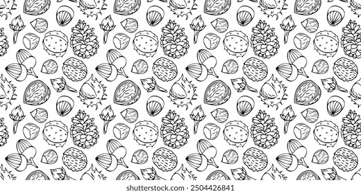 Vector seamless pattern with outlines of chestnuts, pine cones, acorns and foliage in doodle style. Line art autumn background. Thanksgiving design. Concept of forest, leaf fall, nature.