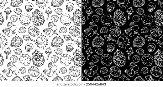 Vector seamless pattern with outlines of chestnuts, pine cones, acorns and foliage in doodle style. Line art autumn background. Thanksgiving design. Concept of forest, leaf fall, nature.