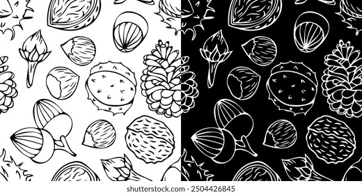 Vector seamless pattern with outlines of chestnuts, pine cones, acorns and foliage in doodle style. Line art autumn background. Thanksgiving design. Concept of forest, leaf fall, nature.