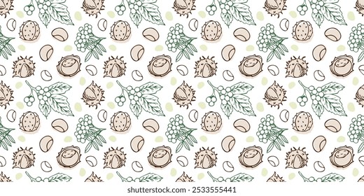 Vetor padrão sem emenda com contornos de castanhas, folhagem e bagas em estilo doodle. Plano de fundo de outono. Projeto de Ação de Graças. Conceito de floresta, queda de folhas, natureza.