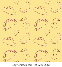 Vector seamless pattern outlines drawing Ukrainian dumplings, known as vareniki or varenyky, cherries, and hearts, using cherry-colored lines on a pale yellow background.