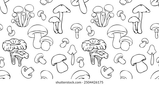 Vector seamless pattern with outlines of mushrooms in doodle style. Line art autumn background. Thanksgiving design. Concept of forest, leaf fall, nature.