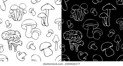 Vector seamless pattern with outlines of mushrooms in doodle style. Line art autumn background. Thanksgiving design. Concept of forest, leaf fall, nature.