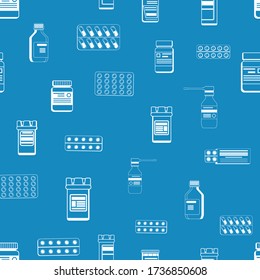 Vector seamless pattern with outlines of plastic jar for tablets and packing blister with capsules. Stylized drawing for your web site design, logo, app, UI. Isolated stock illustration