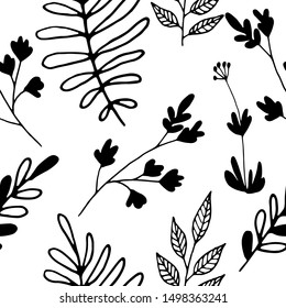 Vector seamless pattern of the outlines and sketches of the leaves of trees and plants. Black outline of twigs with leaves